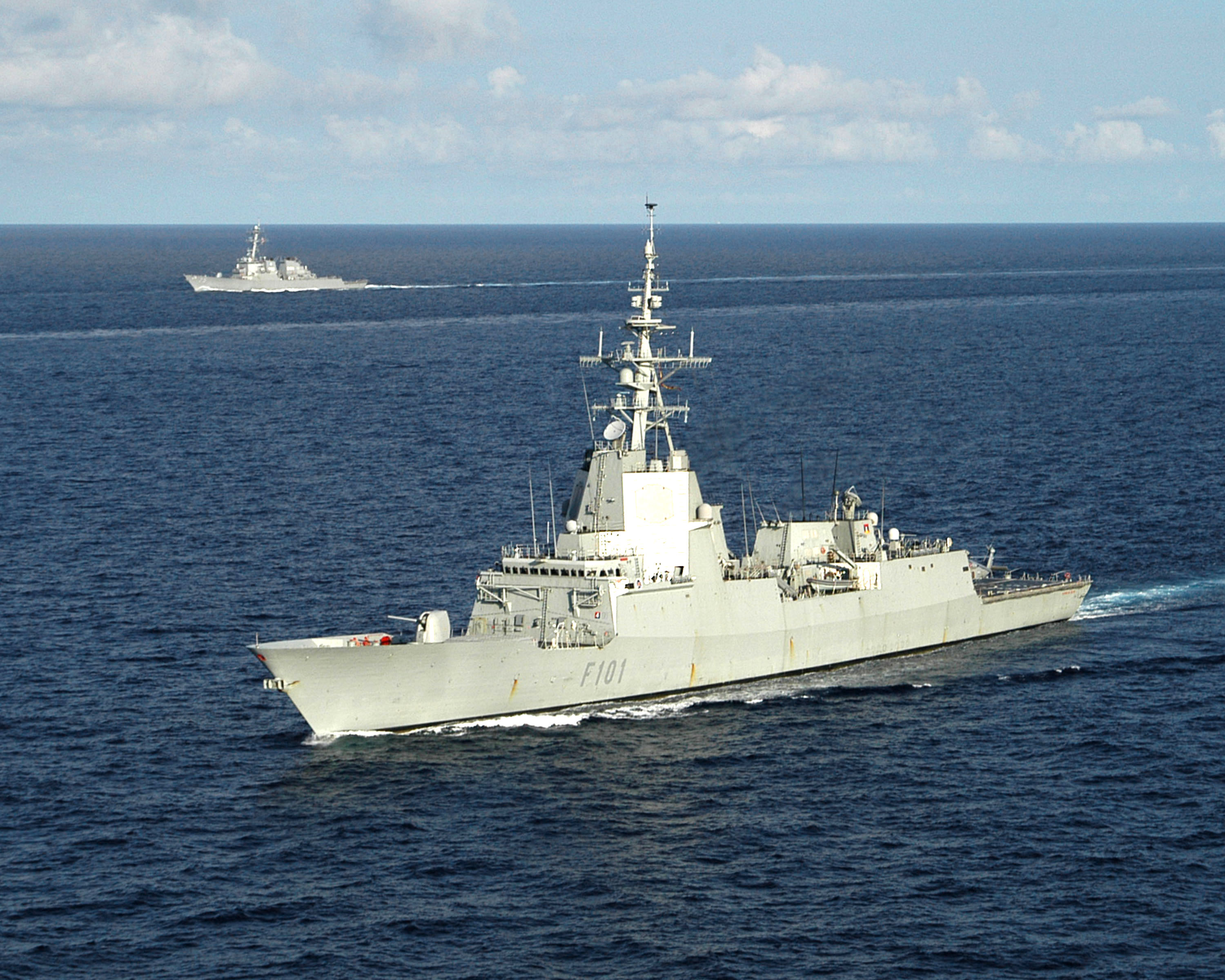 050715-N-8163B-020 Atlantic Ocean (July 15, 2005) - The Spanish Navy frigate Alvaro De Bazan (F 101) conducts a close quarters exercise near a U.S. Navy guided missile destroyer while underway in the Atlantic Ocean. U.S. Navy photo by Photographer's Mate Airman Eben Boothby (RELEASED)