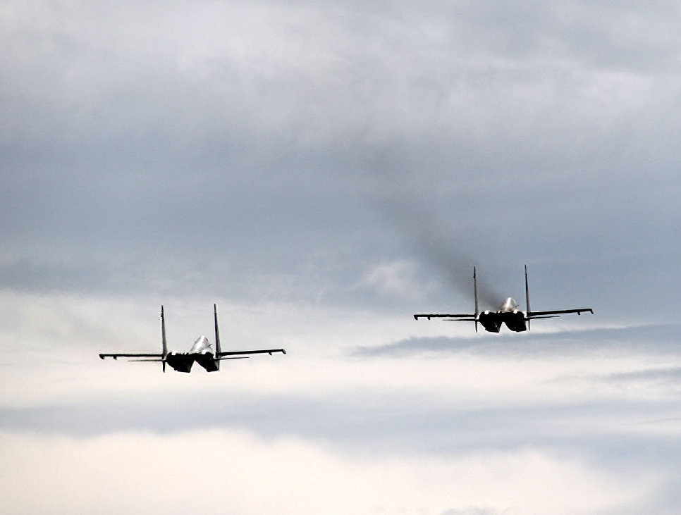 © РИА Новости. Михаил Цыганов Демонстрационный полет двух Су-30МК2 с министром обороны Индонезии на борту